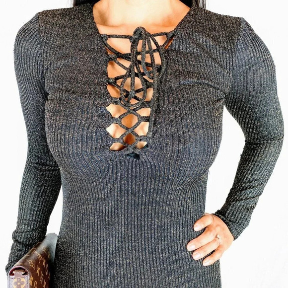 Bardot Black Gold Lace Up Sweater Midi Dress $179 - Picture 5 of 14